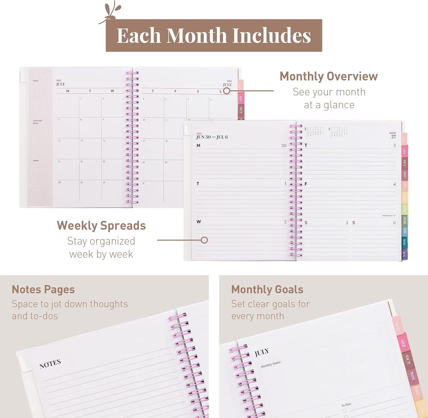 Rileys Academic Planner 2025-2026, Daily, Weekly & Monthly Planner, July 2025 - June 2026, Student Notes Pages, Twin-Wire Binding, Weekly Agenda for School & Work (8 x 6-Inches, Pink, Deco)