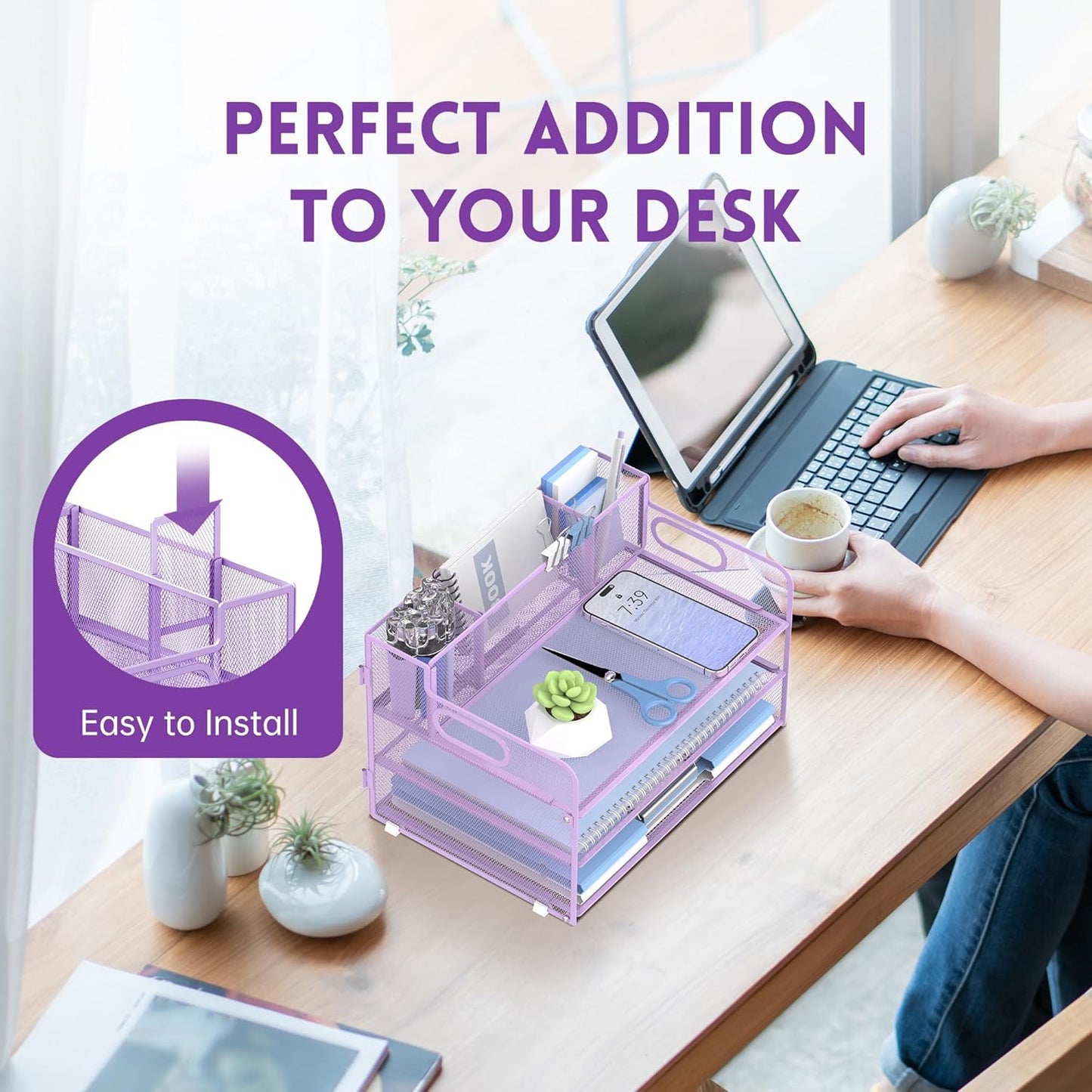 SUPEASY 3 Tier Desk Organizer with Handle & 3 Pen Holders, Mesh Paper/File Organizer for Desk, Paper Letter Tray Organizer for Office Supplies (Light Purple)