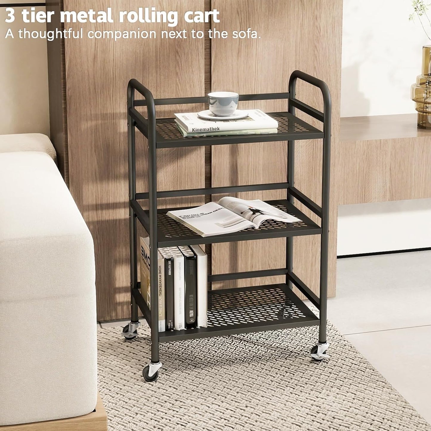 HDANI 3 Tier Rolling Cart,Heavy Duty Multifunctional Metal Frame-Supports 22 Lbs Per Tier,Rolling Cart with 2 Lockable Wheels for Office,Home,Bedroom,Kitchen,Bathroom (Black)…