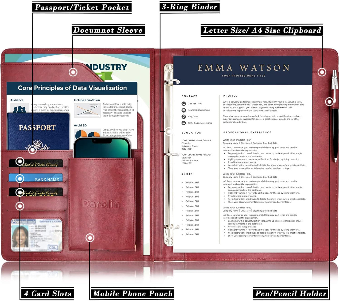 Darolin Business/Resume Padfolio with 3 Ring Binder, Interview/Conference/Legal Document Organizer, Leather Portfolio for Women/Men