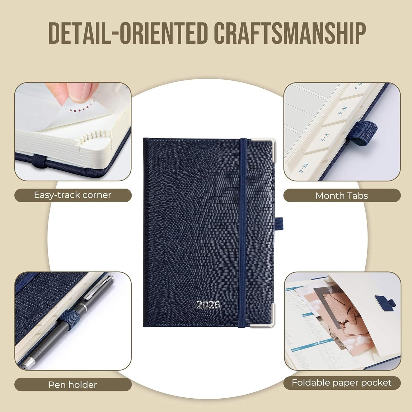 Daily Planner 2026 with One Page Per Day,(A5-8.5" x 5.9"),12 Months Calendar Hourly Appointment Book Monthly Tabs & Self-adhesive Pen Holder,Inner Pocket,Durable Vegan Leather,Dark blue