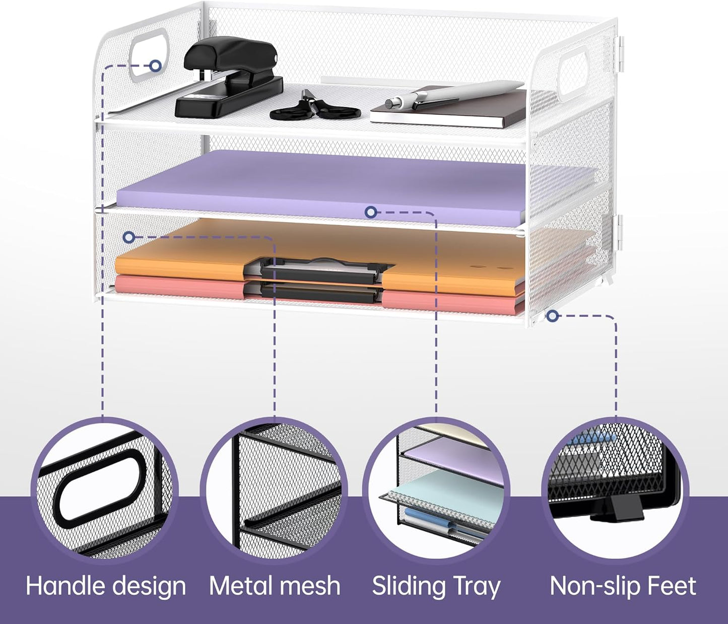 Supeasy 3 Tier Paper Organizer with Handle, Mesh Desk Organizer Letter Tray, Paper Tray File Organizer for A4 File Folder, White