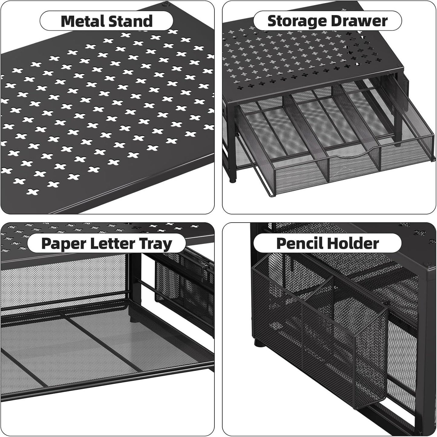 Marbrasse Metal Printer Stand for Desk with Storage Drawer and 2 Pen Holders, 2-Tier Desktop Organizer Printer Table for Home Office, Multi-Purpose Desk Organizer for Fax Machine Scanner Files(Black)