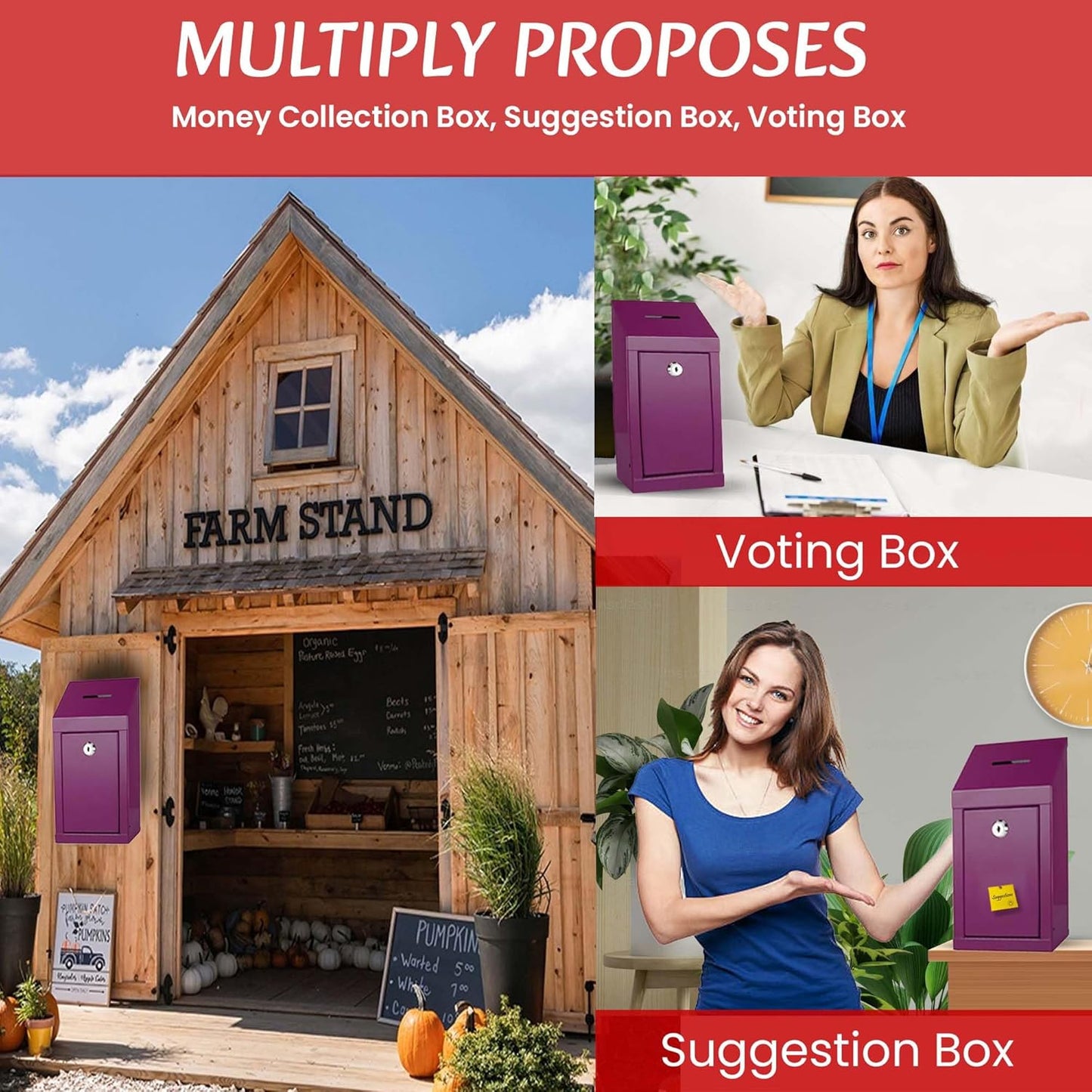 Metal Donation Box-Suggestion Box with Slot and lock-Cash Lock box for Money-Secure Drop Box-Comment and ballot voting box-comes with pre-drilled holes for easy wall mounting 10 X 6 X 2.5"(Purple)