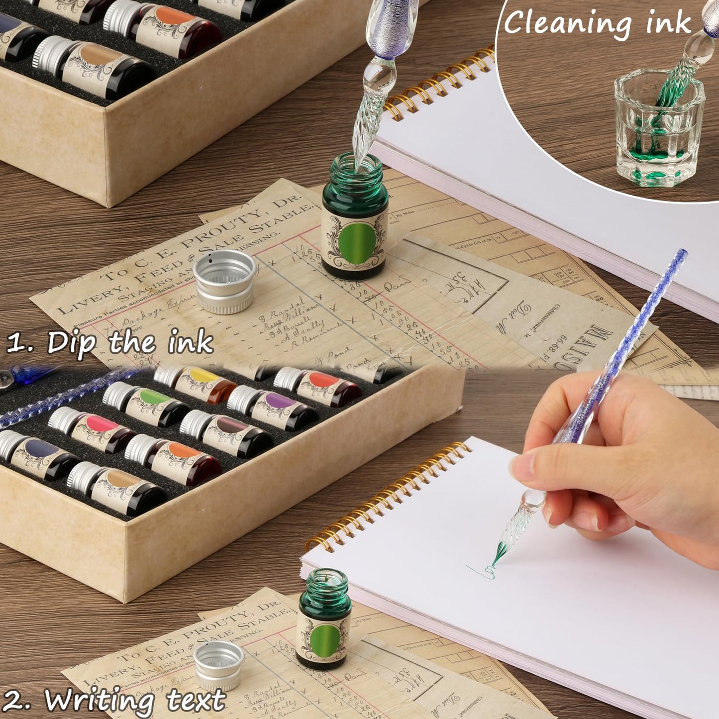 Calligraphy Pens, Dip Pen Set with 14 Color Inks, Glass Writing Instrument for Beginners