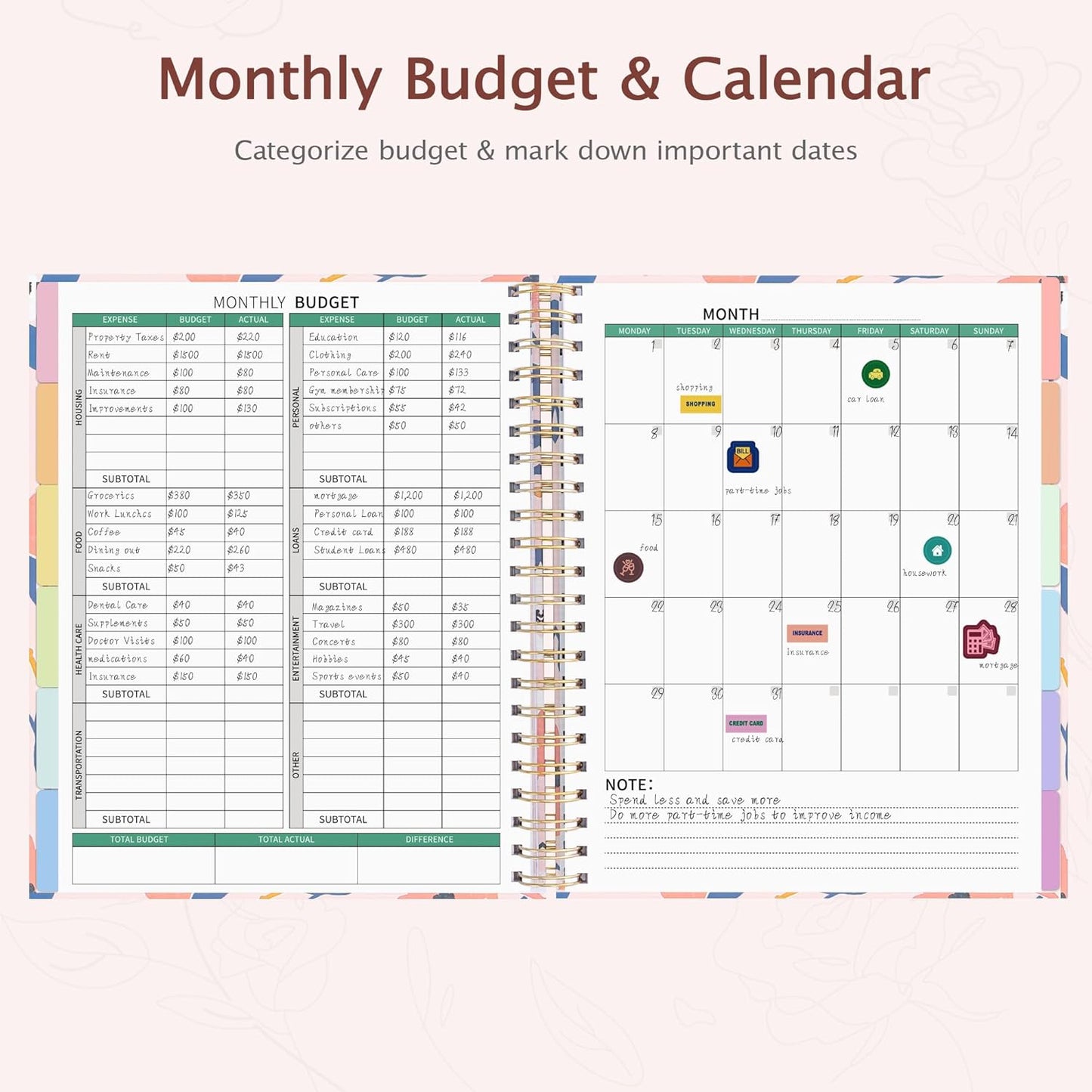 Ospelelf Budget Planner - Monthly Budget Book with Expense Tracker Notebook, Undated 12 Month Bill Organizer & Finance Planner, A4 Account Book with 12 Index Pockets, Zipper Pouch, Stickers Floral 2