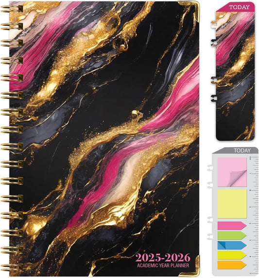 HARDCOVER Academic Year 2025-2026 Planner: (June 2025 Through July 2026) 5.5"x8" Daily Weekly Monthly Planner Yearly Agenda. Bookmark, Pocket Folder and Sticky Note Set (Dark Gold Marble)