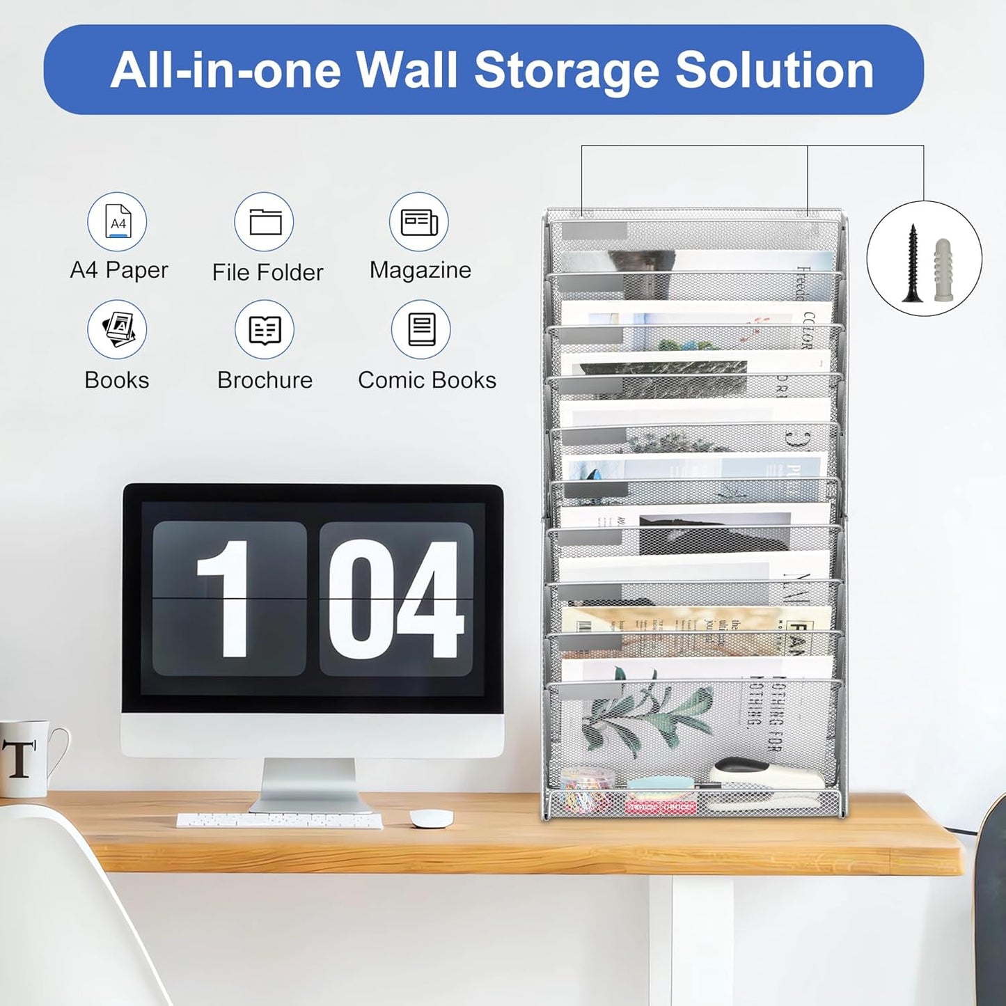 EasyPAG Wall File Holder Organizer 11 Tier Mesh Hanging Wall Mounted Document Paper Folder Filing Magazine Rack with Nametag Label for Office Home School, Silver