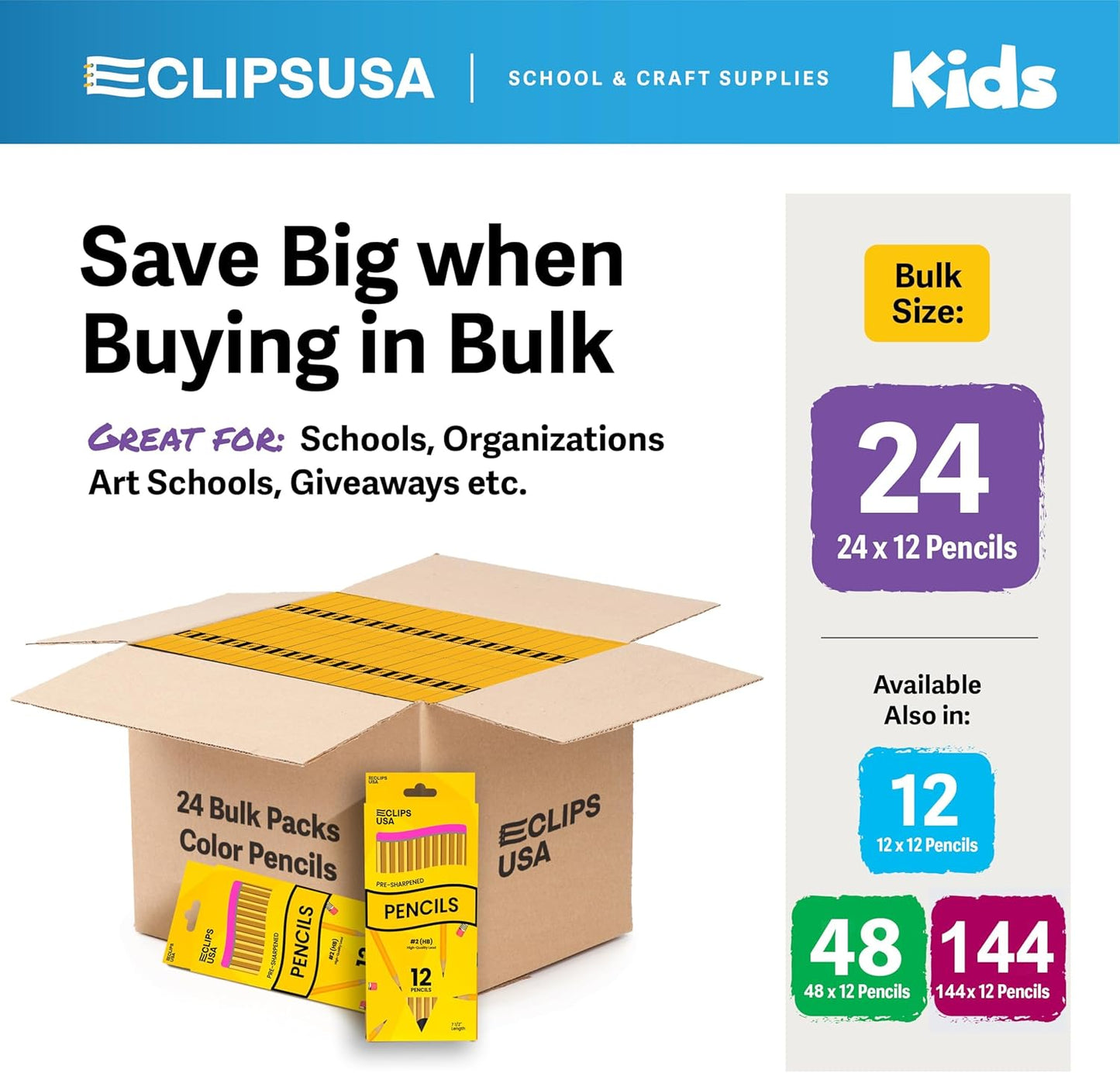 E-CLIPS USA Pencils Bulk, Pencils #2 (24 Boxes), Number 2 pencil, Pre-Sharpened Pencil Bulk, School Supplies Bulk, Office Supplies Bulk, Box May Vary, 12 Pencil Per Box (24 Boxes)