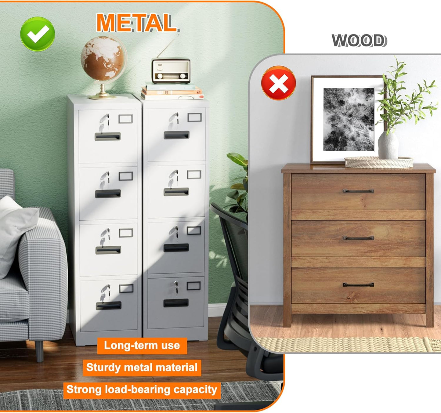 4 Drawer File Cabinet with 4 Independent Locks, Metal Vertical Filing Storage Cabinet for Home Office with Card Holder for Letter/Legal/A4 Folders, Assembly Required, 4 Drawers, White