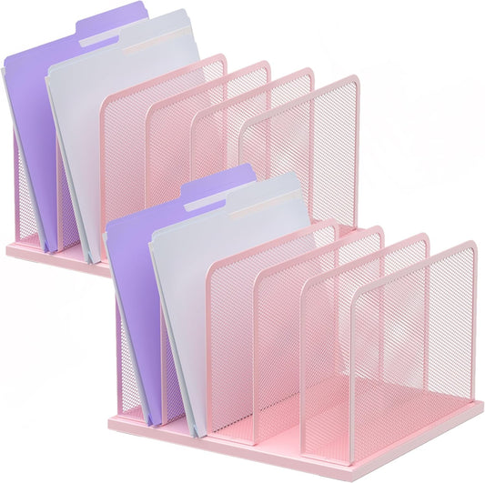 Kuntine.B Desk File Organizer Upright Mesh Desktop Organizer File Sorter Office Organization File Holder for Home, Office & Classroom (Pink, 2 Pack 5-Section)