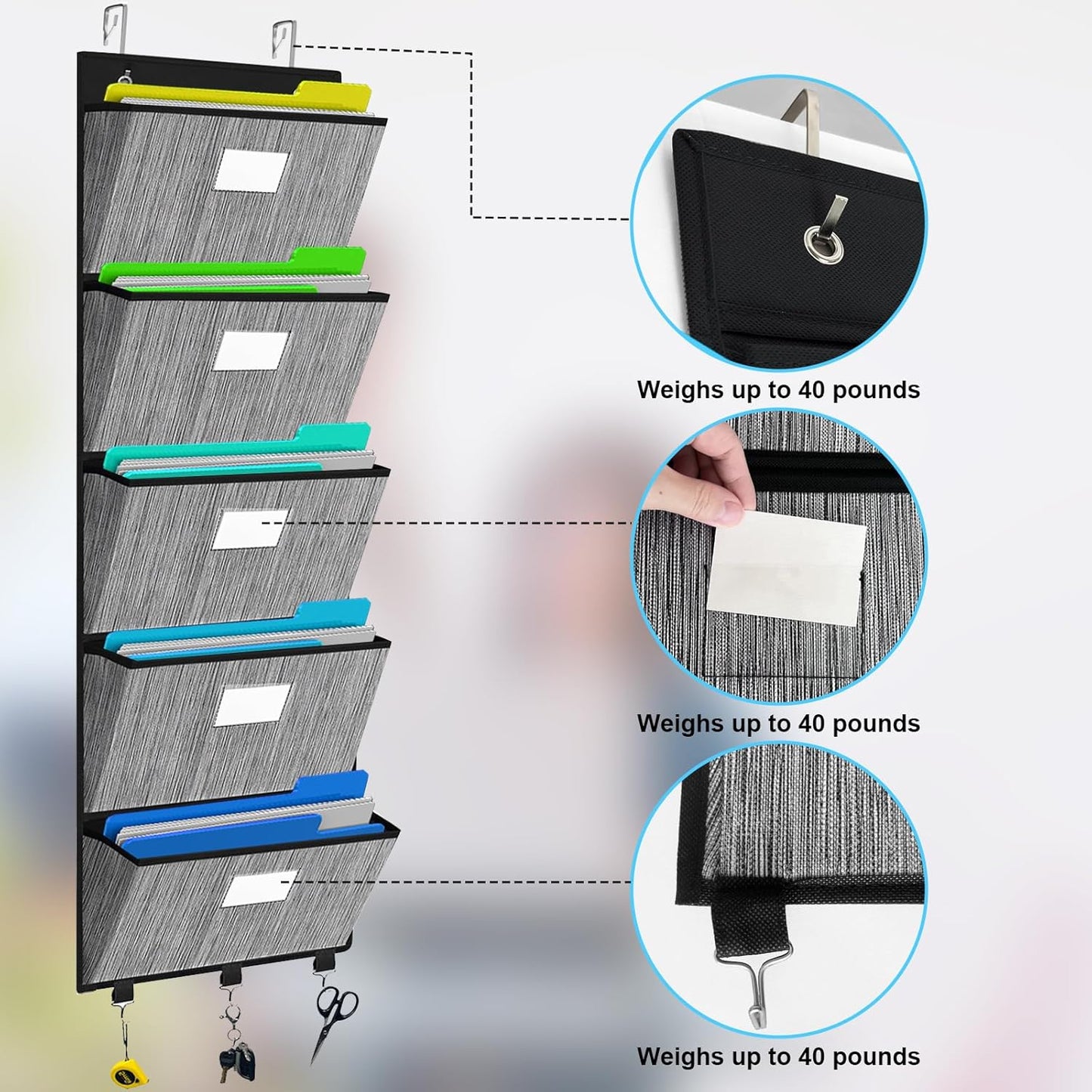 homyfort Over the Door File Organizer, Hanging File Folders Wall Organizer with 5 Large Pocket for Papers, Charts, Mails, Magazine, Office (Black)