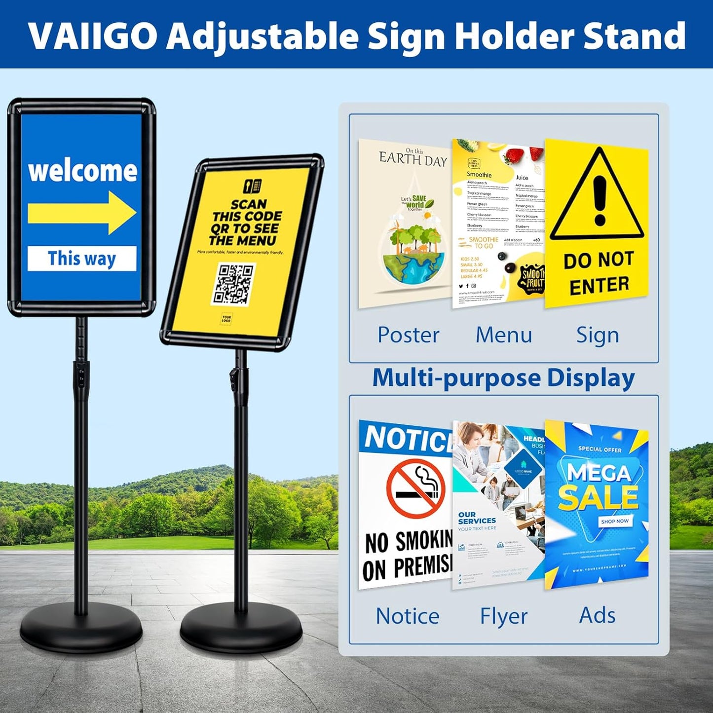 2-Pack 11x17 Inch Adjustable Sign Stand & Floor Standing Sign Holder - Pedestal Poster Stand with Vertical & Horizontal View Display for Indoor/Outdoor Business & Store Signage (Black)