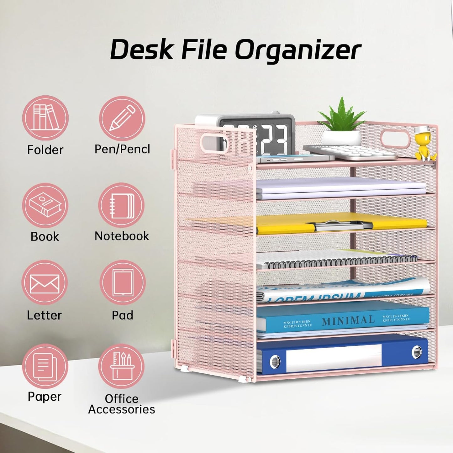 7 Tier Paper Organizer - Mesh Desktop File Holder with Handles for Office School Desk, Black (Pink)