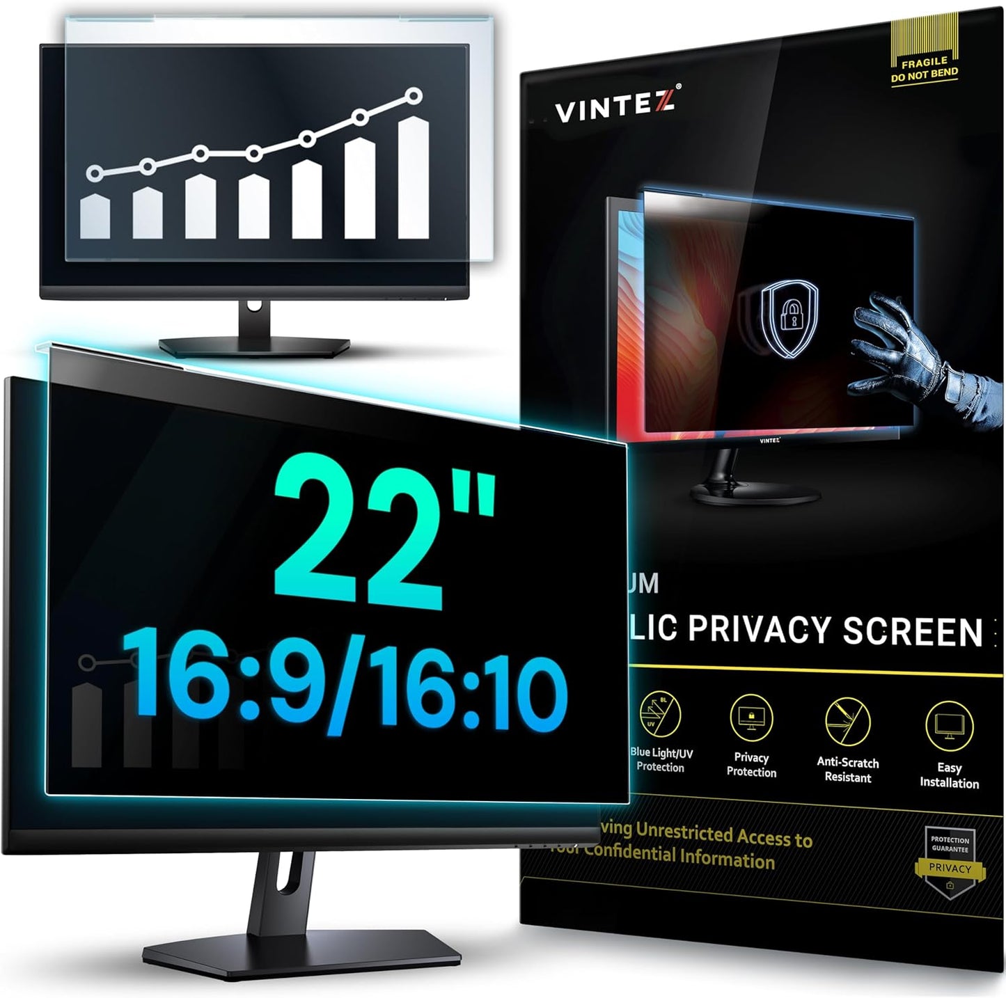 Acrylic 22 Inch Computer Privacy Screen Filter for Widescreen Computer Monitors - 19.3" x 12.5" (490 x 317mm) - Monitor Frame Hanging Type