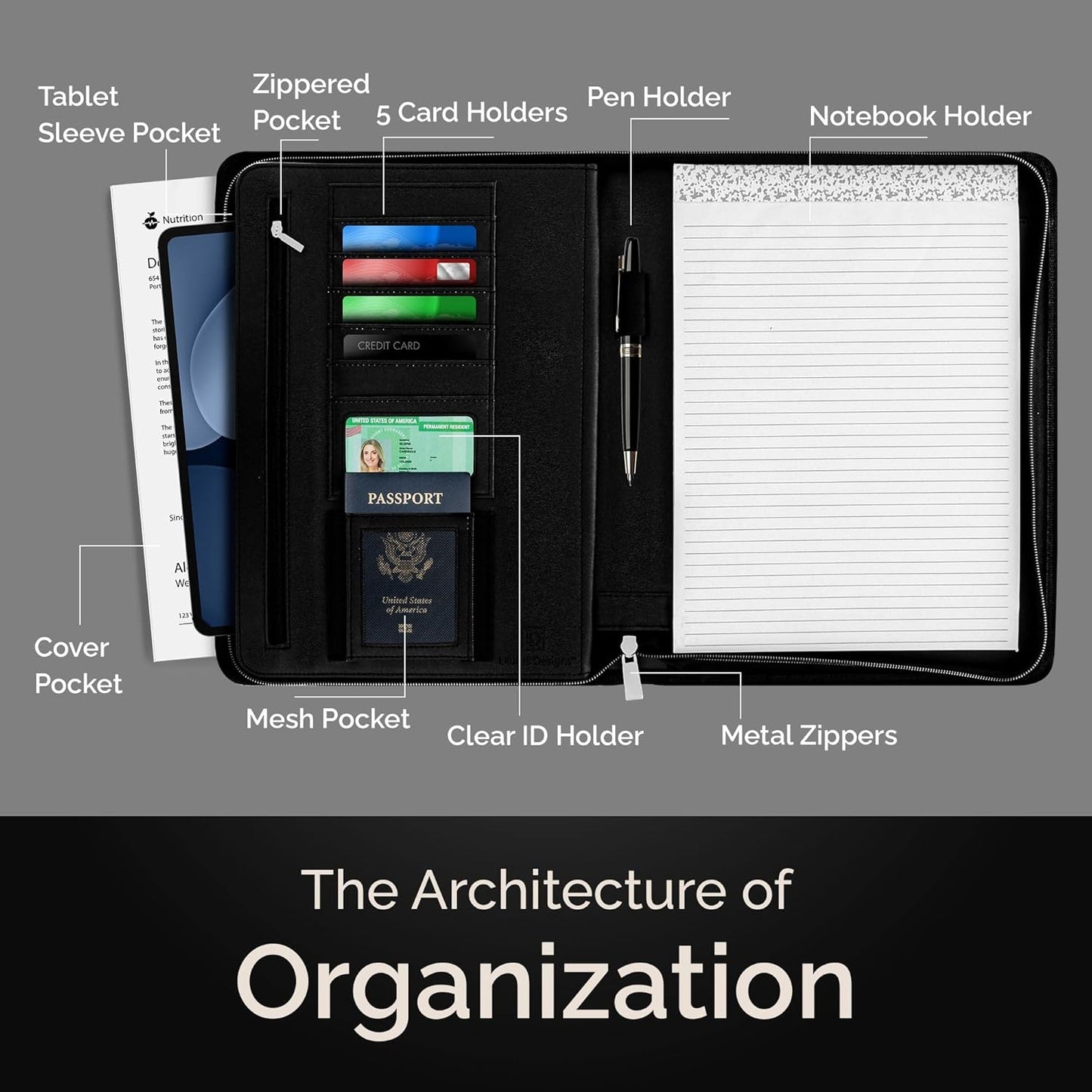 Black Zippered Leather Portfolio Binder - PU Leather Business Portfolio Organizer - Padfolio for Men & Women with US Letter Notepad, 10.5 Inch Tablet Pocket & Gift Box by Lautus Designs