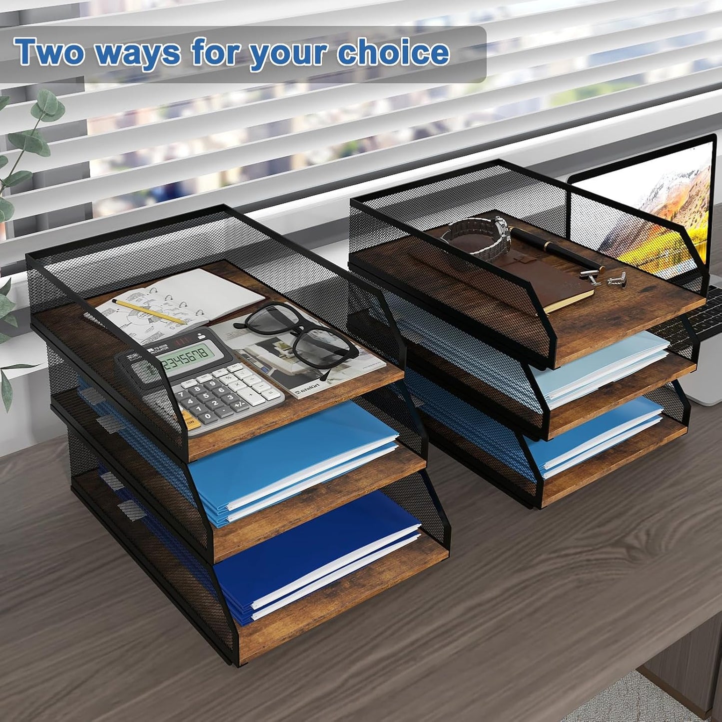 Natwind 3-Tier Stackable Paper Tray, Metal Mesh Desktop Organizer, Wood Board Paper Sorter, Letter Trays,File Document Storage Rack for for Home, Office, School (Retro)