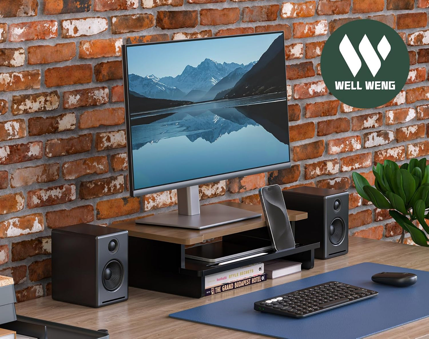 Monitor Stand Monitor Stand Riser for Desk,Wood Desk Shelf Storage Organizer with Phone Tablet Holder (16.5 Inch, Black & Dark Bamboo)