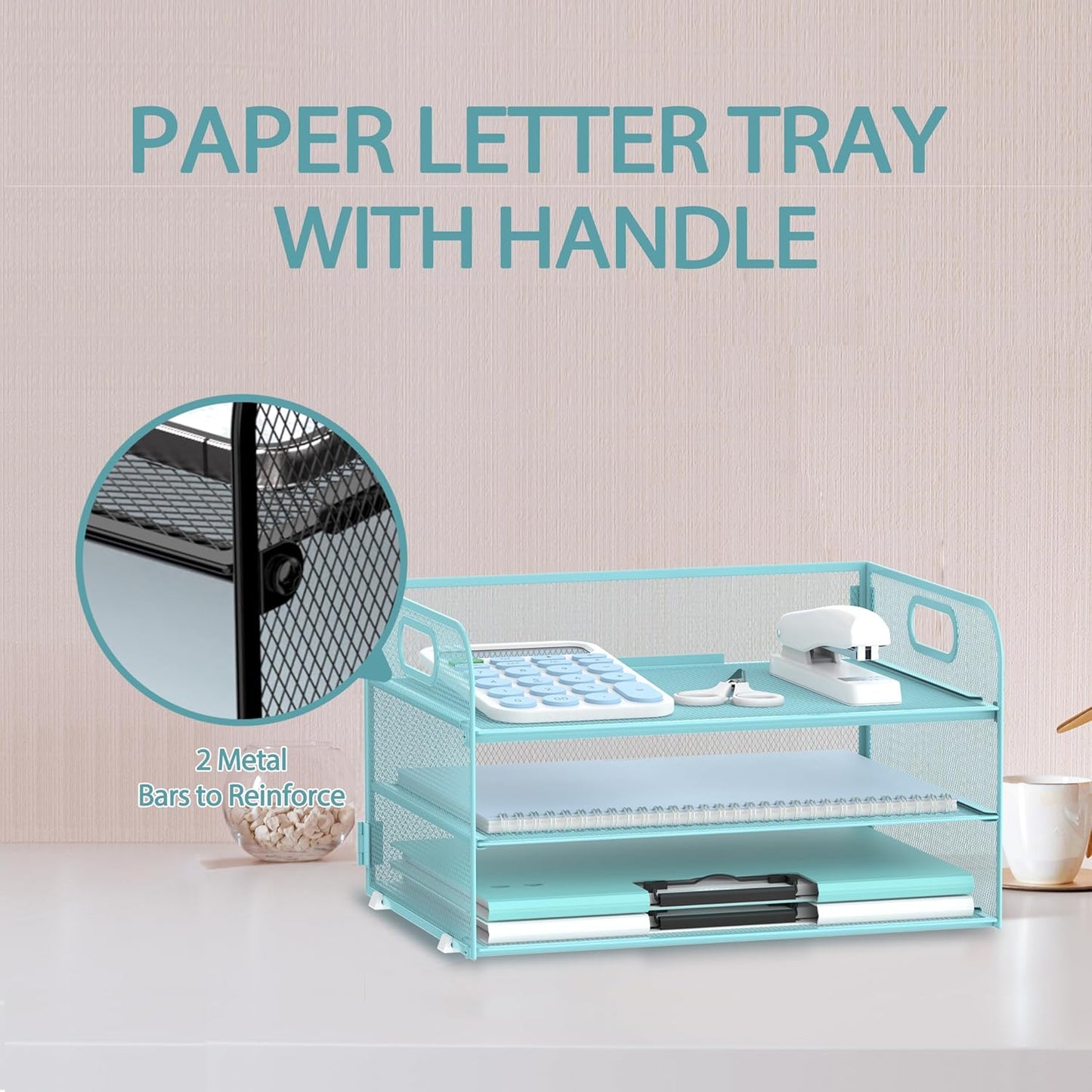 Supeasy 3 Tier Paper Organizer with Handle, Mesh Desk Organizer Letter Tray, Paper Tray File Organizer for A4 File Folder, Blue