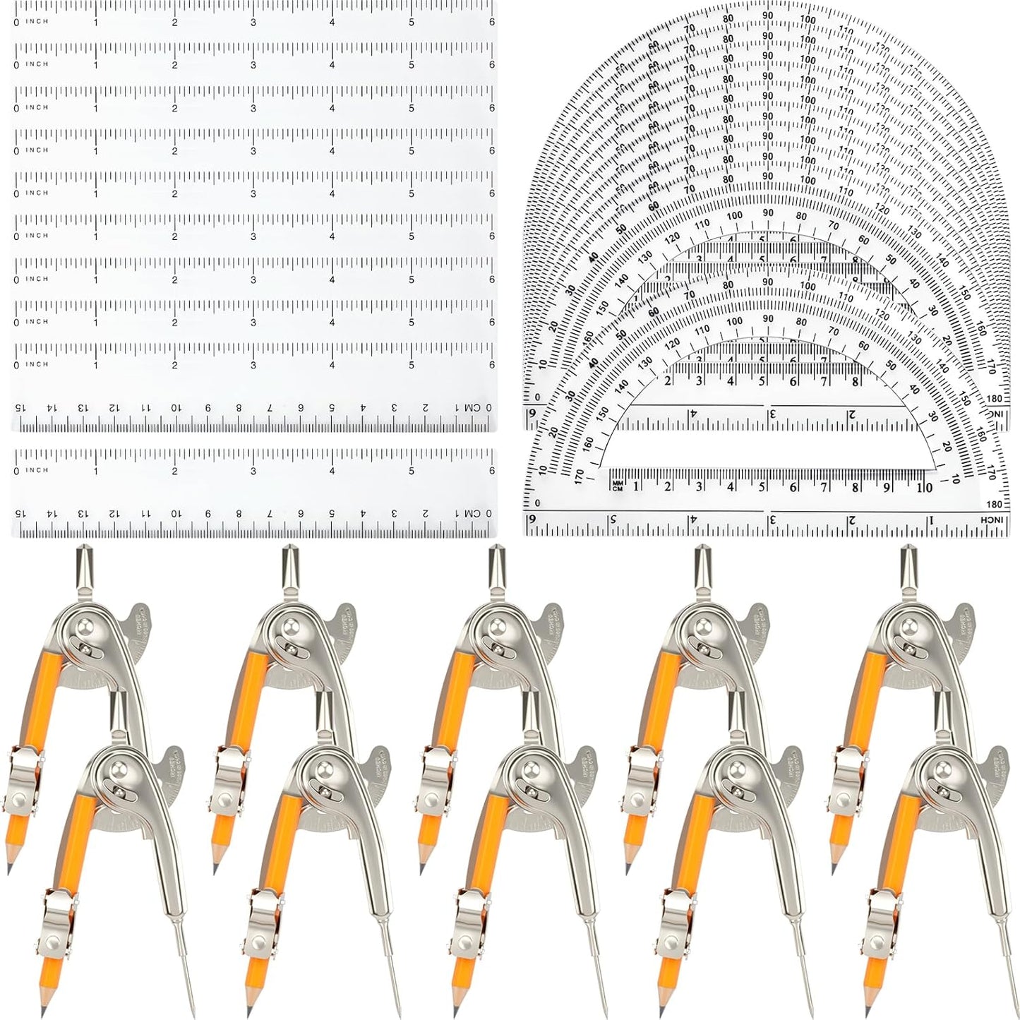 40 Pieces Geometry Math Set Compass for Geometry Math Compass and Protractor Set Include Metal Compass with Pencil Plastic Ruler and Protractor for Student School Office Woodworking Drawing Tools