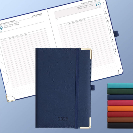 Daily Planner 2026 with One Page Per Day,(A5-8.5" x 5.9"),12 Months Calendar Hourly Appointment Book Monthly Tabs & Self-adhesive Pen Holder,Inner Pocket, Vegan Leather Hardback,Blue