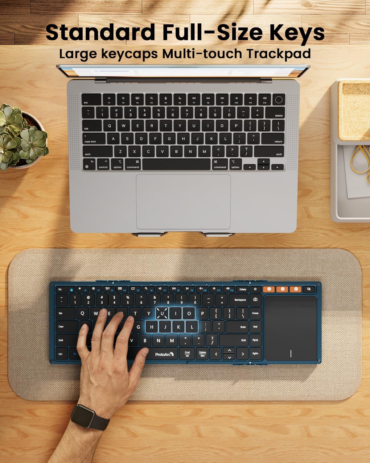 ProtoArc Foldable Keyboard with Touchpad, XK01 TP Folding Portable Keyboard, Full Size Keys, Large Trackpad Bluetooth Travel Keyboards for Laptop PC Tablet - Blue