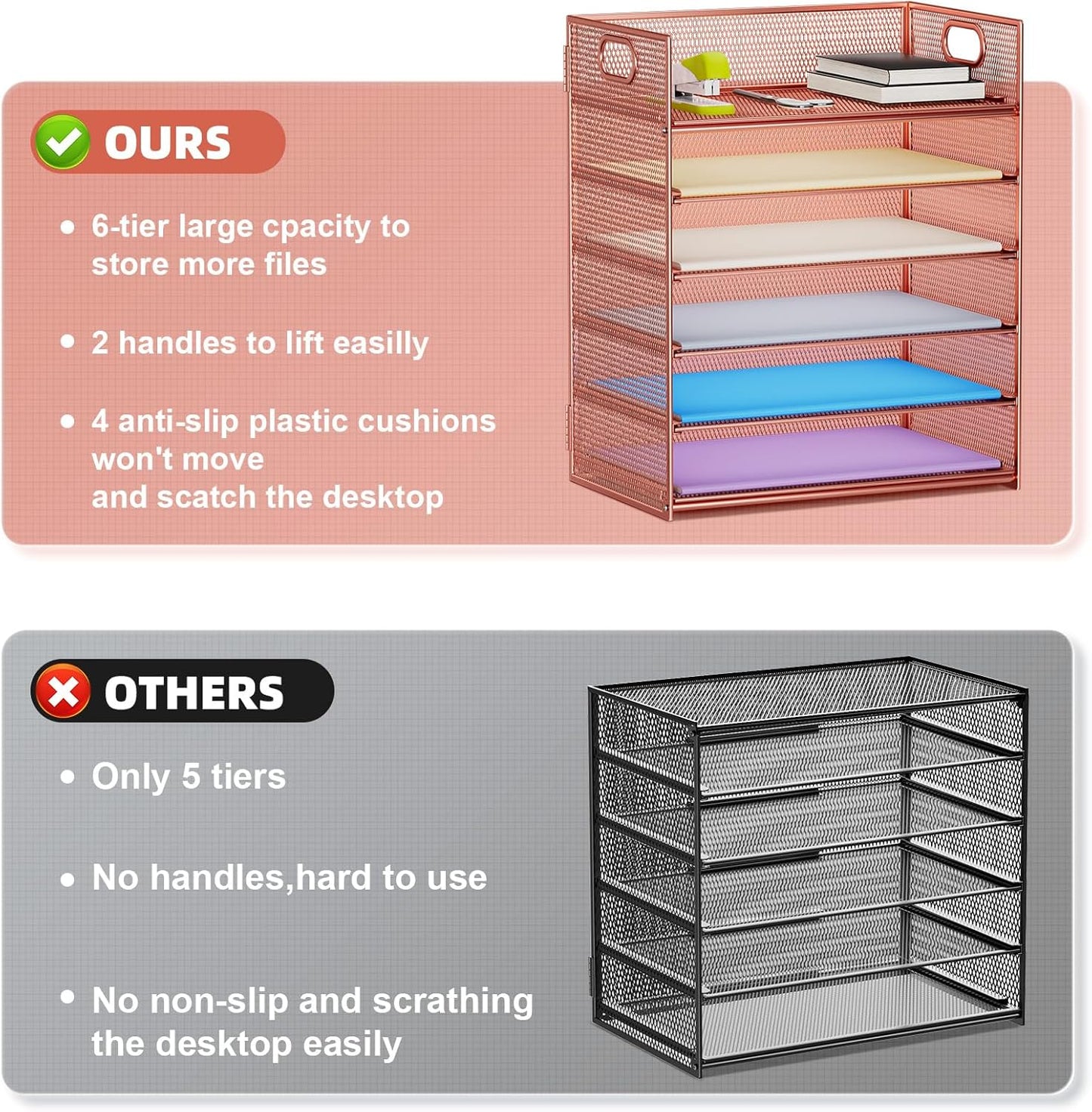Marbrasse 2 Pack Desk Organizer with Handle, 6 Tier Paper Letter Tray, Mesh Desk File Organizer for Office, School and Home - Rose Gold