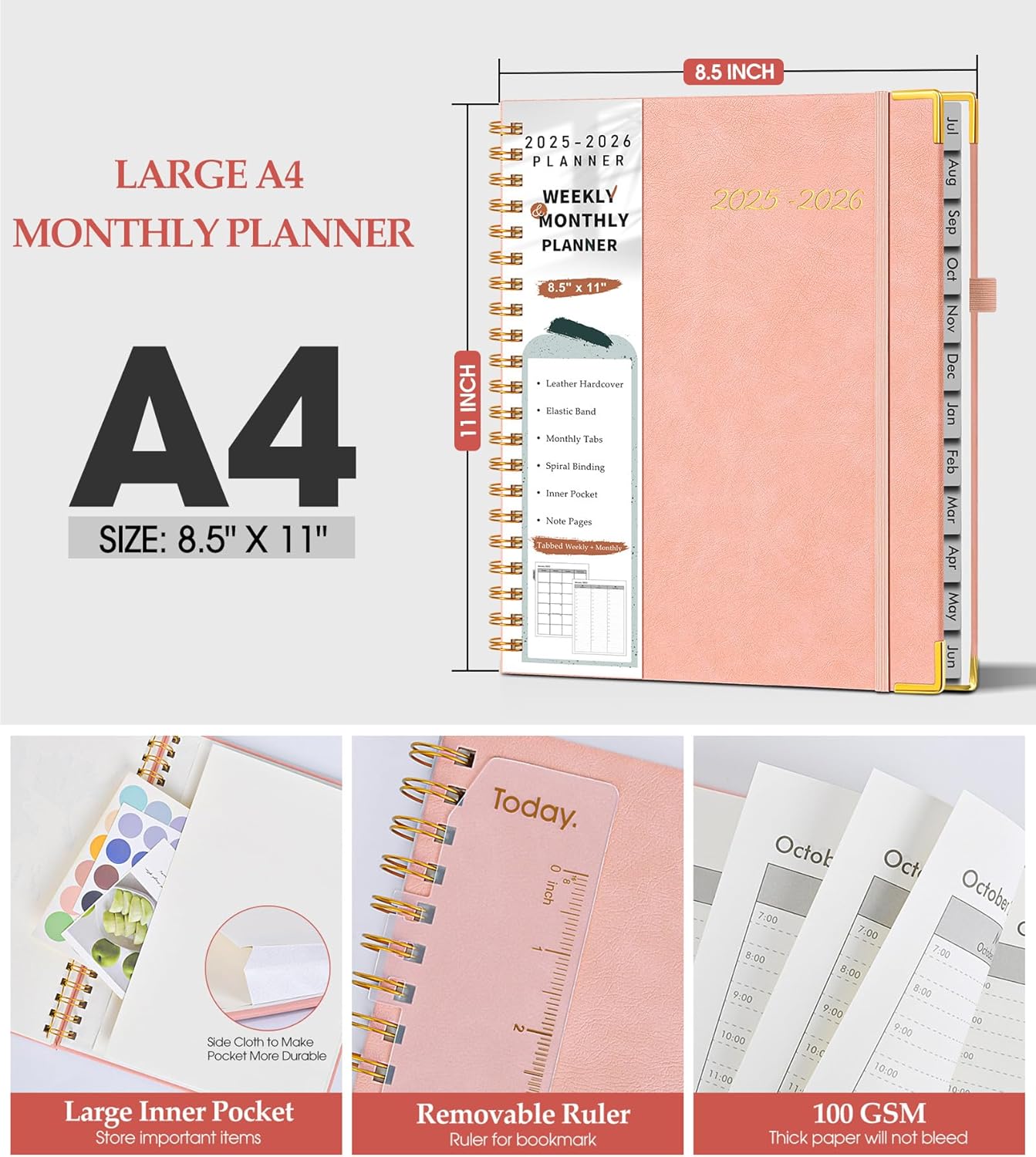 Academic Planner 2025-2026, Weekly and Monthly Calendar Planner from July 2025 - June 2026, 8.5" x 11" Hardcover Leather Hourly Appointment Book with Tabs, Spiral Daily Planners for College School Teacher Student, Pink