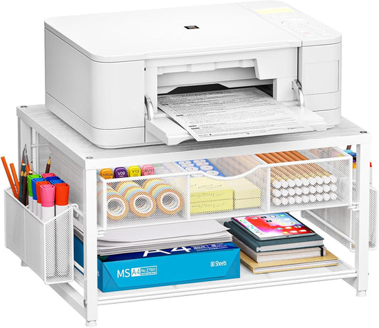 Marbrasse Wood Printer Stand for Desk, 2-Tier Desktop Printer Table for Home Office, Printer Stand with Storage Drawer 2 Pen Holders, Multi-Purpose Desk Organizer for Fax Machine Scanner(Wood White)