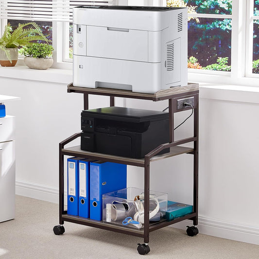 Lauren&Harold 34'' Printer Stand with Power Outlets & USB Ports, 3-Tier Adjustable Rolling Cart, Heavy Duty 150LBS Storage Table with Wheels for Office, Kitchen, Living Room, Grey/Bronze