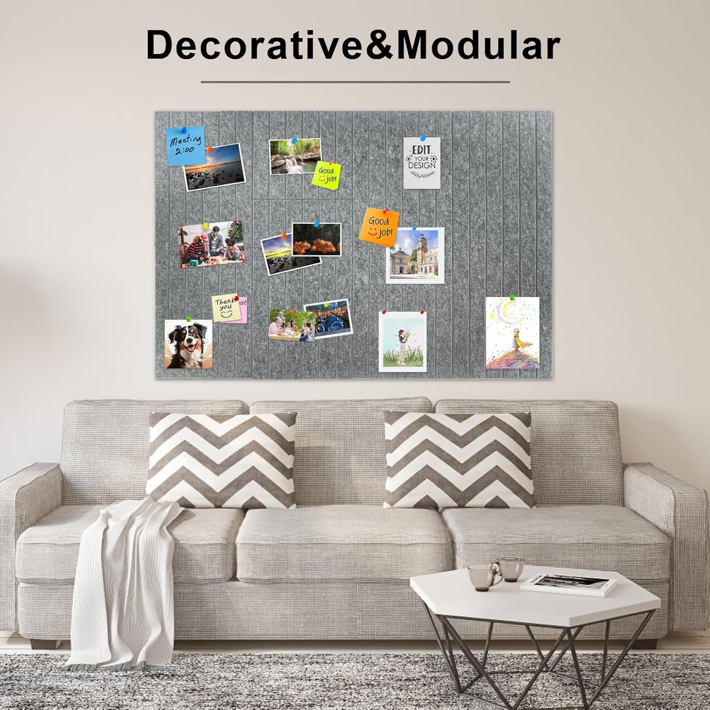 12 Pack Large Cork Board for Walls, Slat Wall Paneling, 48" X 36" Felt Bulletin Board Tiles with Safe Removable Adhesive Tabs & Push Pins, Pin Board Cork Board Wall Organizer for Office - Dark Grey