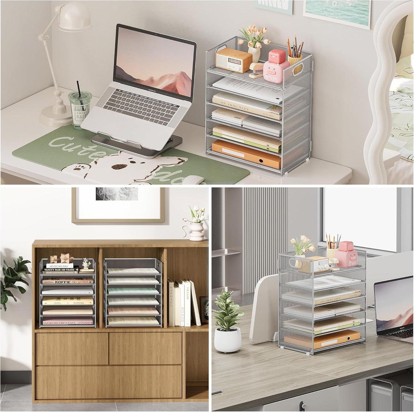 Subekyu 6 Tier Paper Organizer for Desk with Handle, Metal Mesh Desk Office File Folder Paper Letter Tray Accessories Organizer Sorter for Home, School, Office Desktop Document Organization - Silver