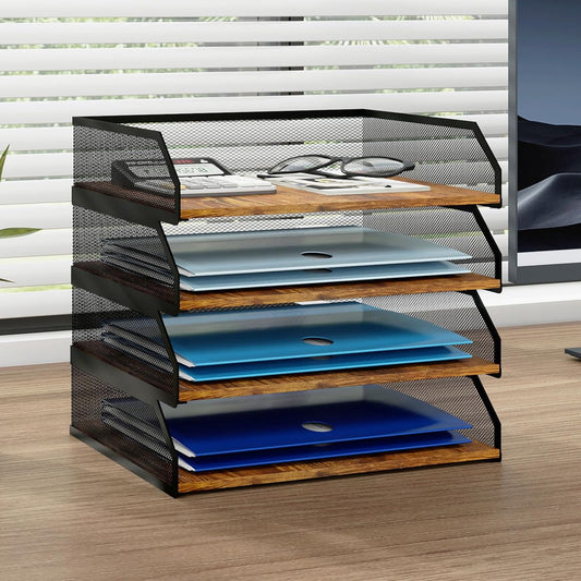 Natwind 4-Tier Stackable Paper Tray, Metal Mesh Desktop Organizer, Paper Sorter, Letter Trays,File Document Storage Rack for for Home, Office, School (Retro)