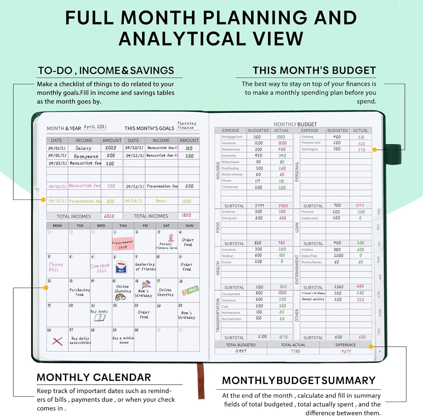 Budget Planner with Monthly Tabs - 7" x 10" Hardcover Budget Book, Monthly Bill Organizer with Pockets, Undated Finance Planner with Expense Tracker Notebook to Take Control Your Money-Dark Green
