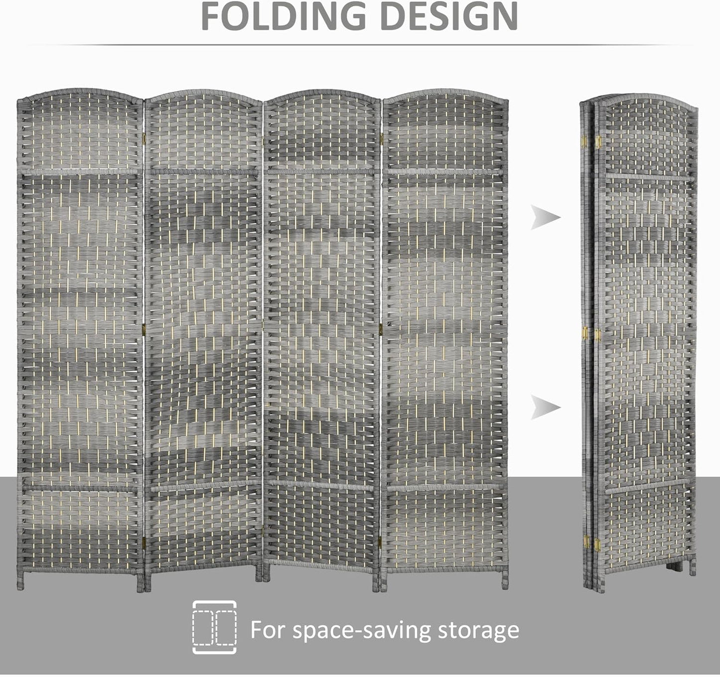 HOMCOM 4 Panel Room Divider, 6' Tall Folding Privacy Screen, Hand-Woven Freestanding Wood Partition for Home Office, Bedroom, Mixed Gray