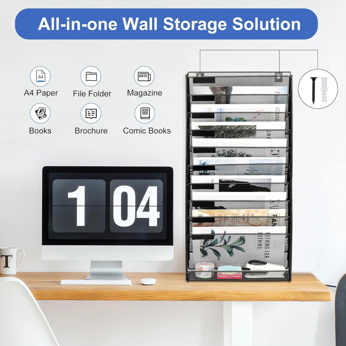 EasyPAG Wall File Holder Organizer 11 Tier Mesh Hanging Wall Mounted Document Paper Folder Filing Magazine Rack with Nametag Label for Office Home School, Black