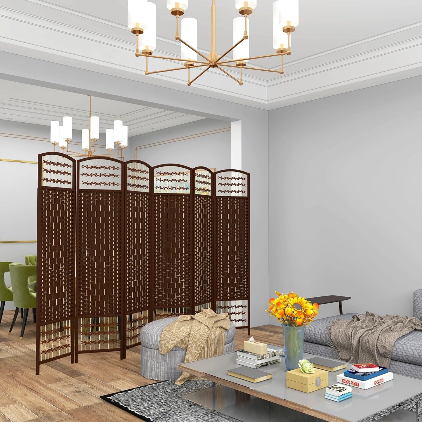 HOMCOM 6 Panel Room Divider, Folding Privacy Screen, 5.6' Room Separator, Wave Fiber Freestanding Partition Wall Divider, Brown
