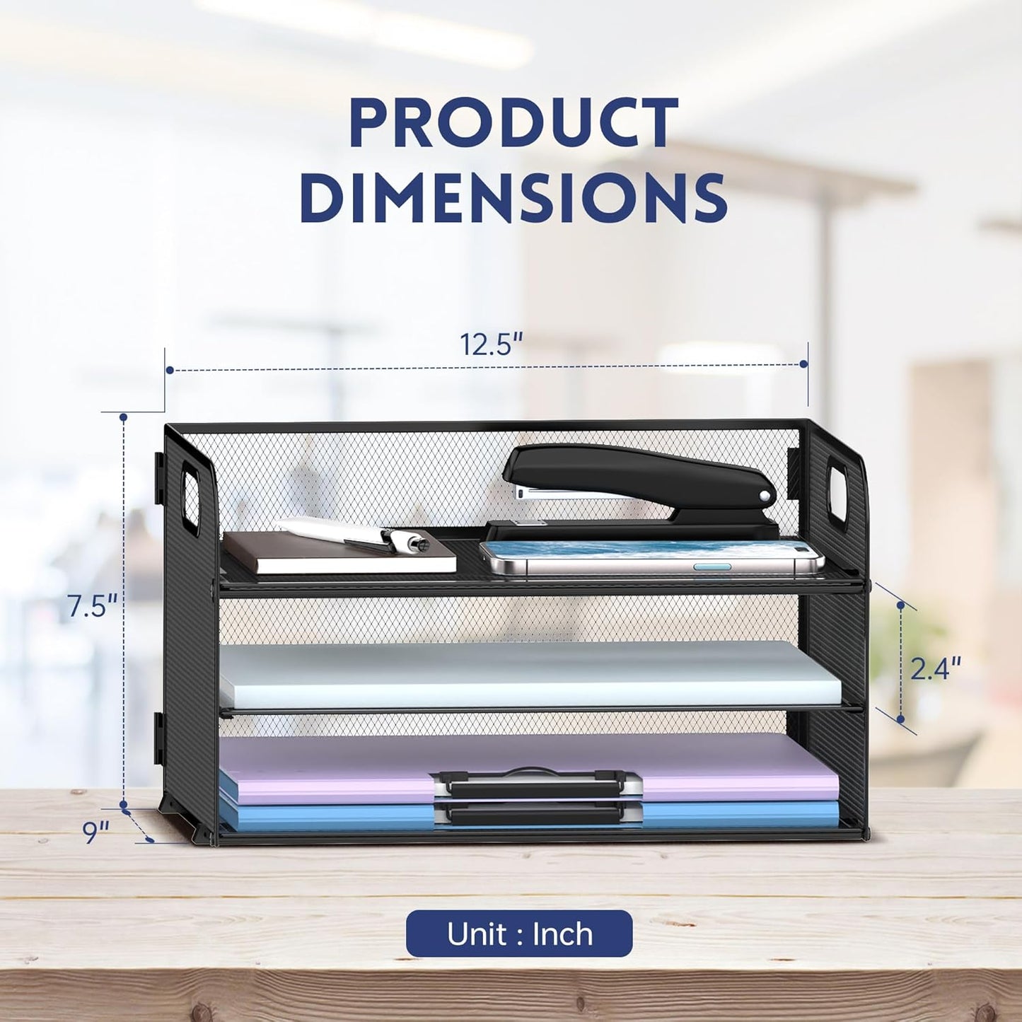 Supeasy 3 Tier Paper Organizer with Handle, Mesh Desk Organizer Letter Tray, Paper Tray File Organizer for A4 File Folder, Black, 2 Pack