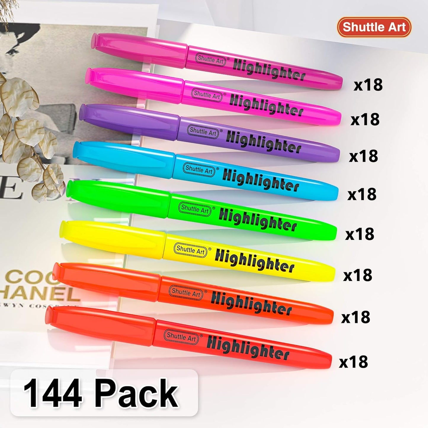 Shuttle Art 144 Pack Highlighters, Highlighters Assorted Colors Set, 8 Bright Colors Chisel Tip Highlighter Markers Bulk for Kid and Adult Coloring, Highlighting as School Supplies