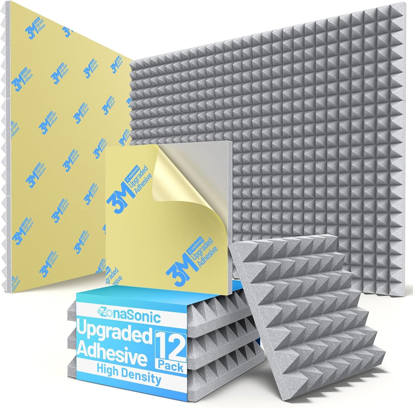 12 Pack Pyramid Sound Proof Foam Panels for Walls with Updated Self-Adhesive 2"X12"X12" High Density Acoustic Panels Sound Absorbing Fast-Expanding Soundproof Wall Panels for Gaming Studio Decor- Gray