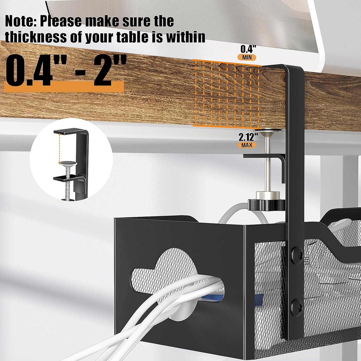 Under Desk Cable Management Tray 15.95", Quszmd Cable Organizer No Drill, Standing Cord Organizer and Wire Management Tray - No Damage to Desk, Black