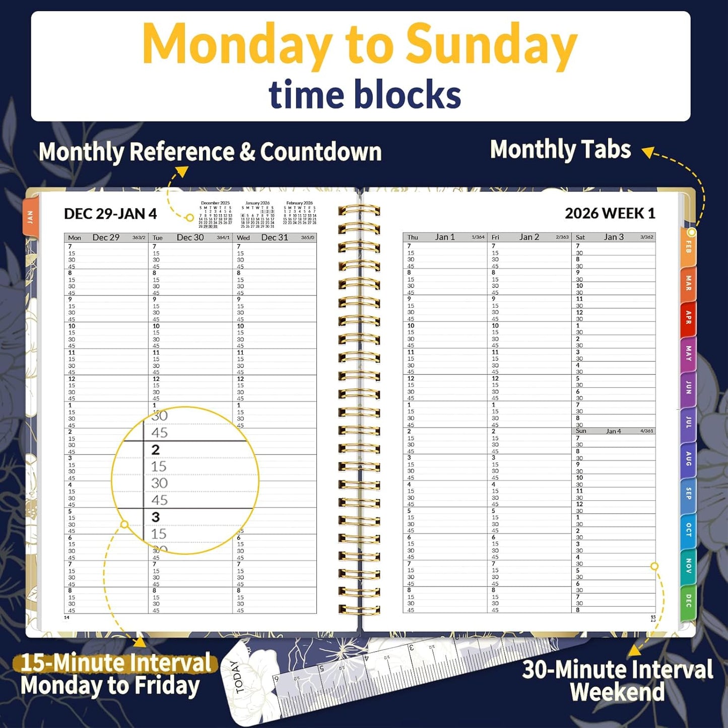 SUNEE 2026 Appointment Book, Quarter-Hourly, Weekly & Monthly - from January 2026 - December 2026, 6.4"x8.3" Flexible Cover, Notes, Pockets, Bookmark, Spiral Binding, Vintage Floral