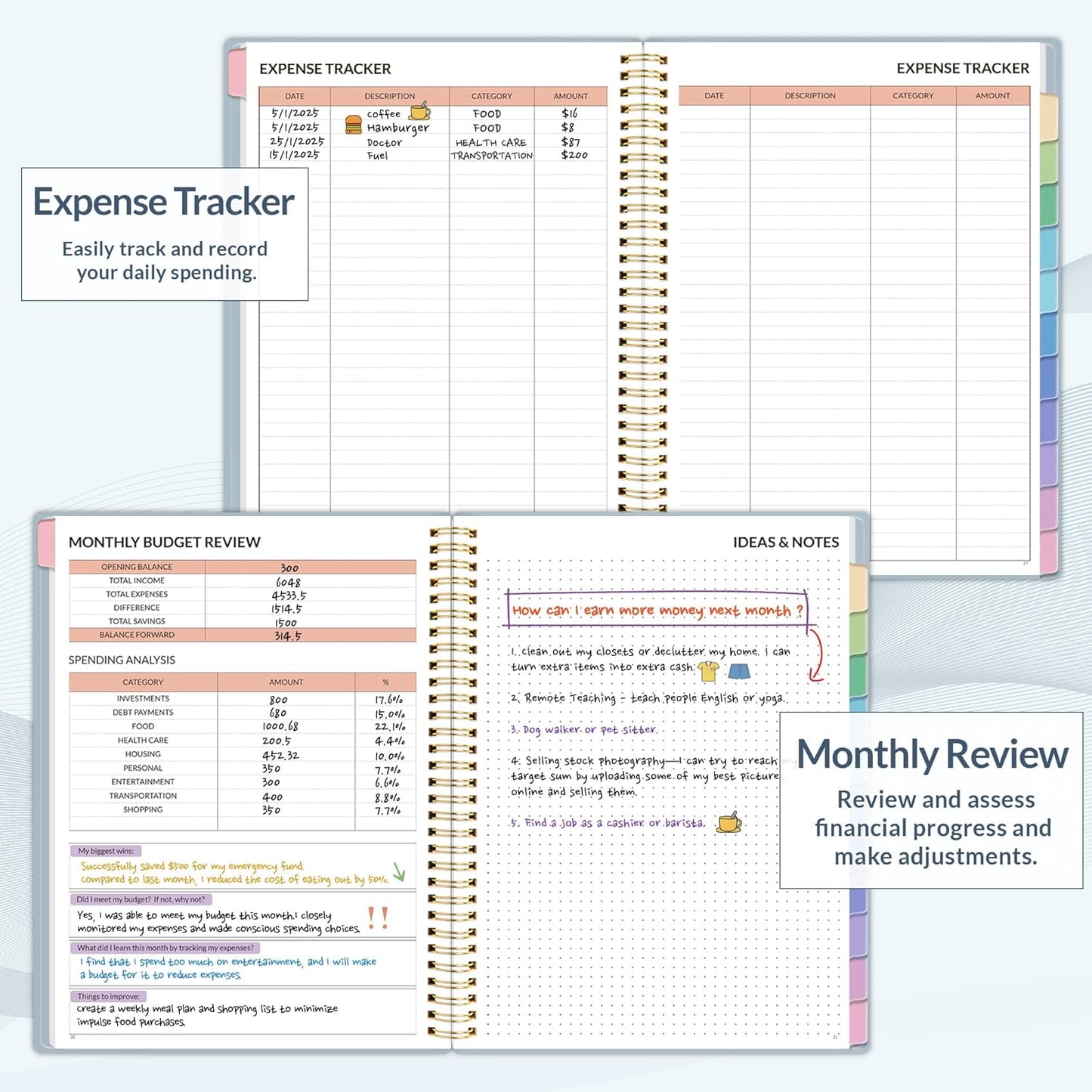 SUNEE Budget Planner - Monthly Budget Book with Expense Tracker Notebook, A4(8.5" x 11") Undated 12 Month Bill Organizer & Finance Planner to Manage Your Money, Account Book with Colorful Tab, Blue