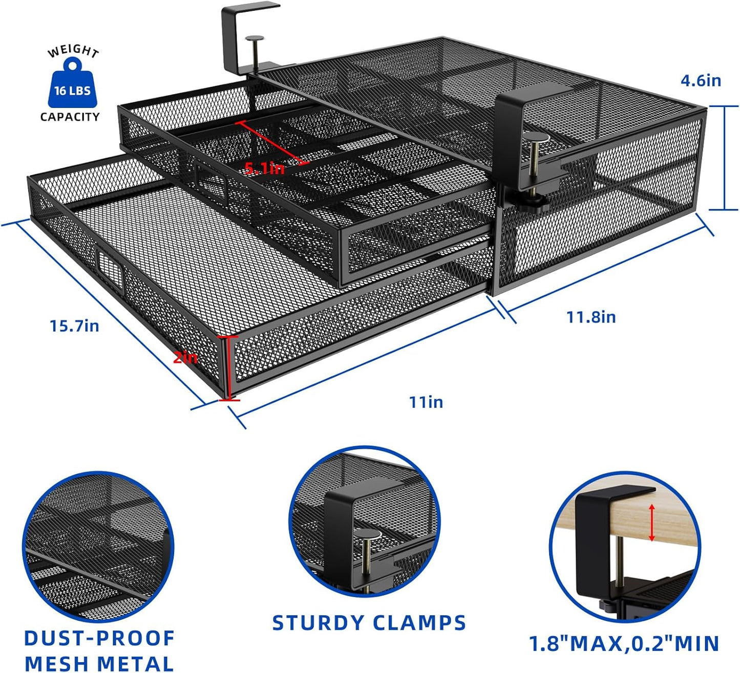 Under Desk Drawer Organizer No Drilling 2 Slide Out Drawer Under Table Storage Drawer Clamp On Under Desk Management Drawer Organizer Suitable for Home and Office