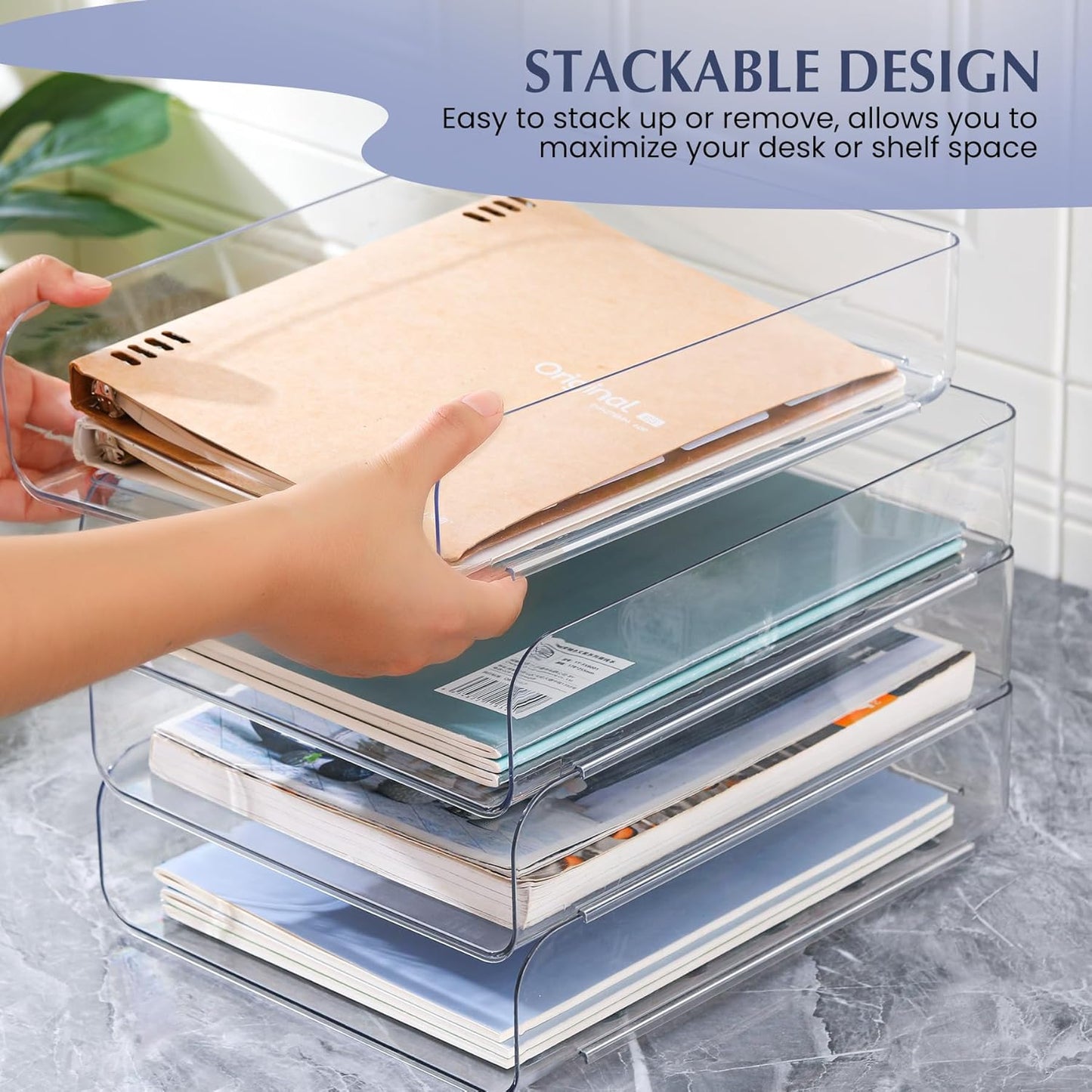 2 Pack Stackable Paper Tray, Acrylic File Organizer for Desk, Office Organizer and Storage for Desk Accessories, Notes, Books, File Paper, Document