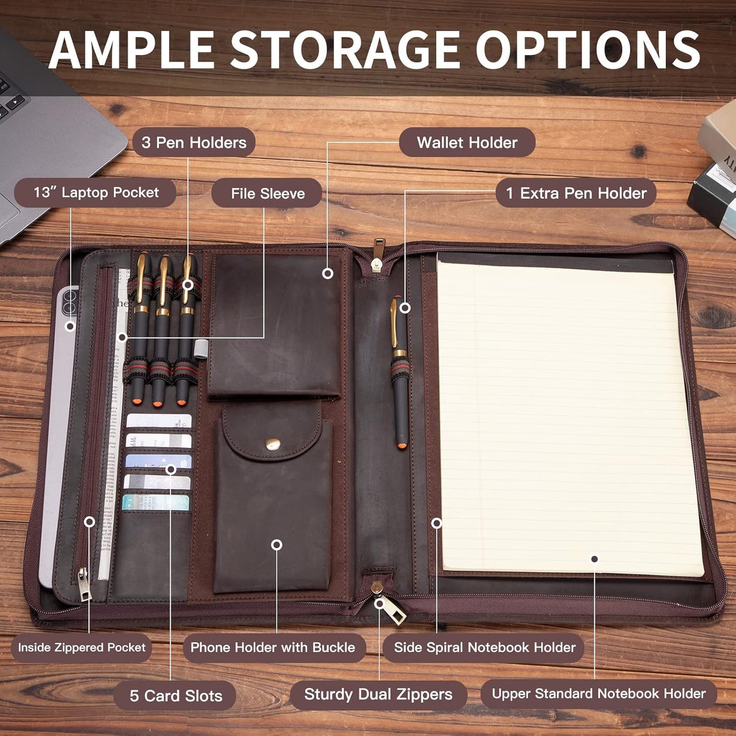 Genuine Leather Portfolio with Front Pocket for Men and Women, Zippered Padfolio Binder 8.5 x 11 Legal Pad Notebook Holder, Fits 13” Laptop, Professional Work File Case, Dark Brown