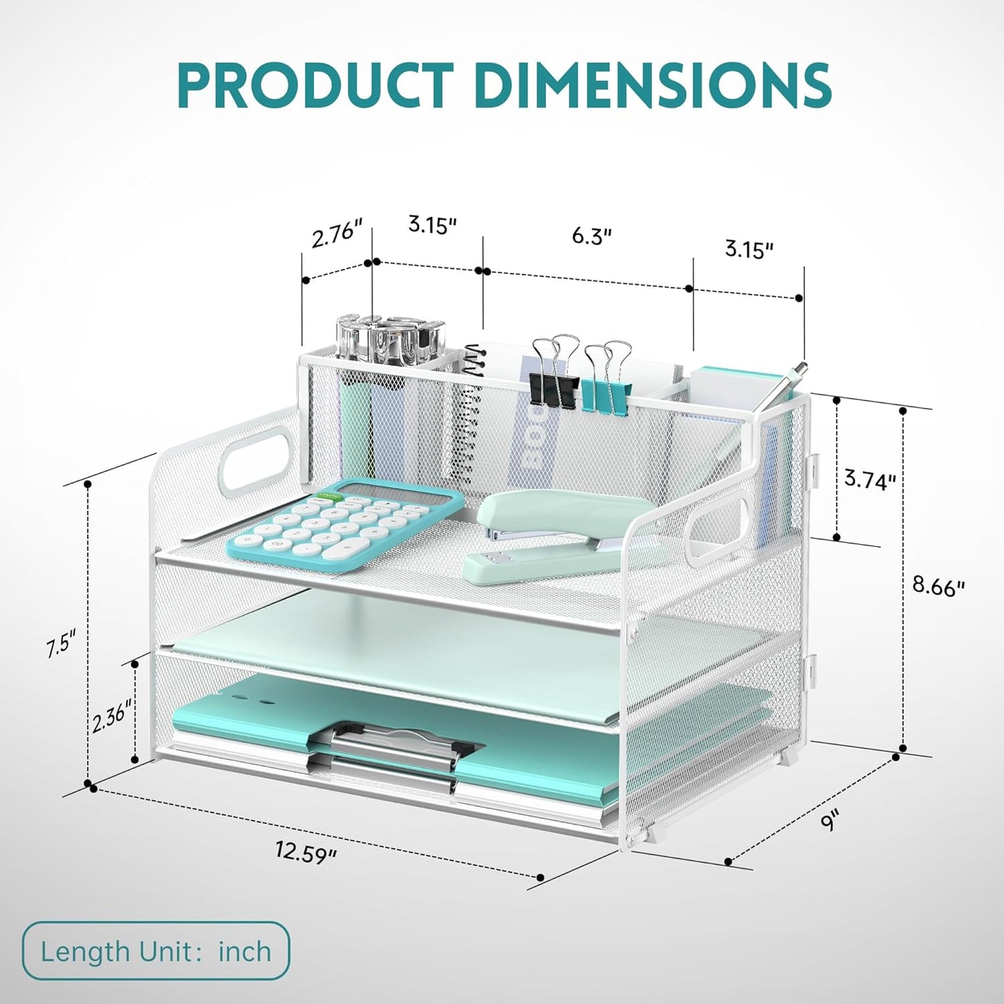 SUPEASY 3 Tier Desk Organizer with Handle & 3 Pen Holders, Mesh Paper/File Organizer for Desk, Paper Letter Tray Organizer for Office Supplies (White), 1 Pack, 3CST-3PH