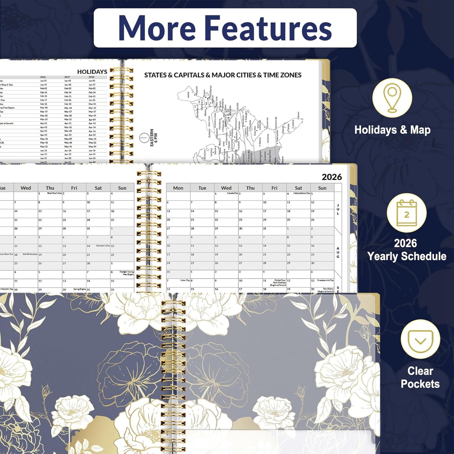 SUNEE 2026 Appointment Book, Quarter-Hourly, Weekly & Monthly - from January 2026 - December 2026, 6.4"x8.3" Flexible Cover, Notes, Pockets, Bookmark, Spiral Binding, Vintage Floral