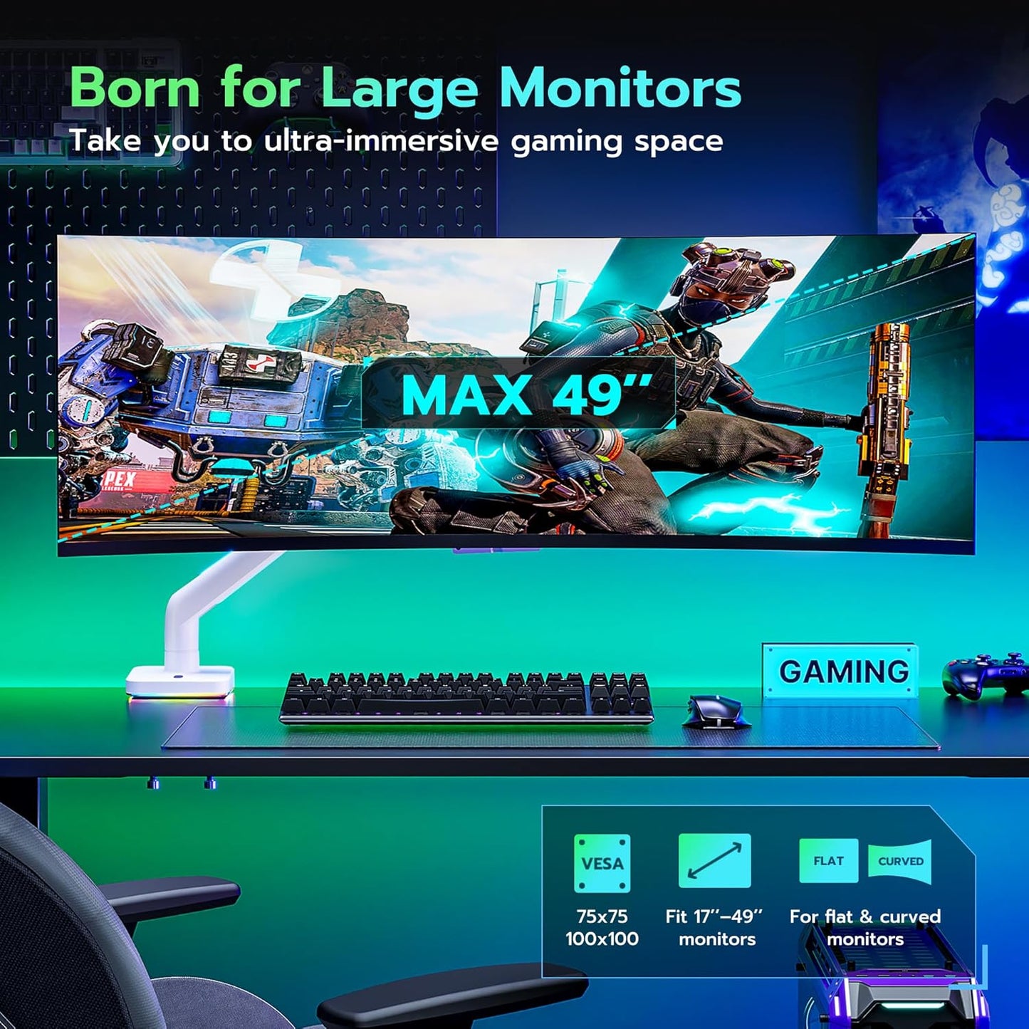 Ultrawide Monitor arm for 17-49'' Heavy Duty Screen up to 44lbs, Gas Spring Single Monitor Arm with RGB Light, Adjustable Gaming Computer Monitor Arm for Desk, White