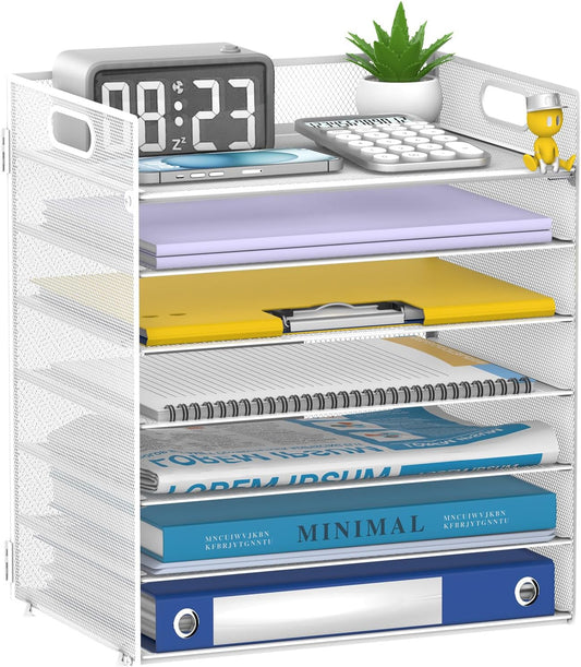 7 Tier Paper Organizer - Mesh Desktop File Holder with Handles for Office School Desk, Black (White)